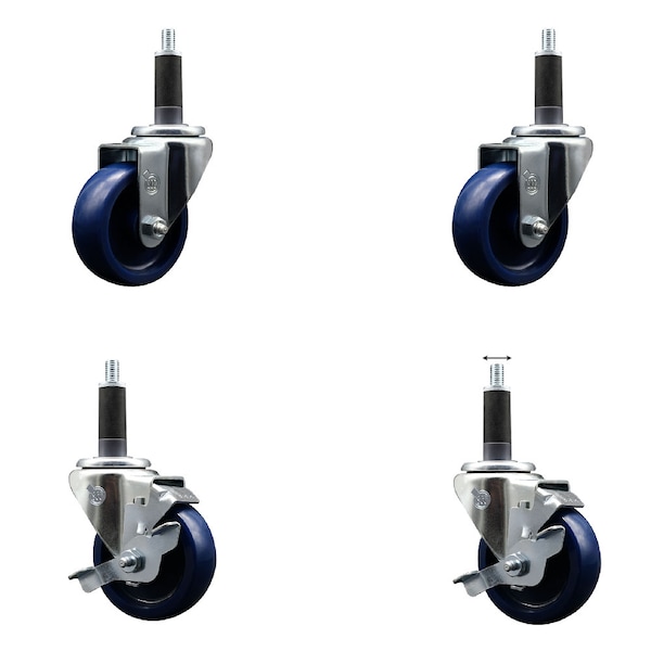 3.5'' Solid Poly Swivel 1'' Expanding Stem Caster Set 2 Total Lock Brakes, 4PK